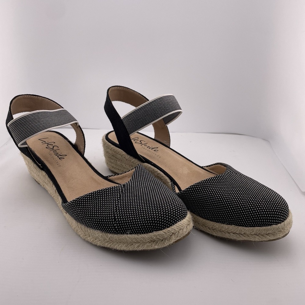 Lifestride Kimmie Espadrille Wedge Black Polkadot Shock‎ Absorption Women 9.5 M